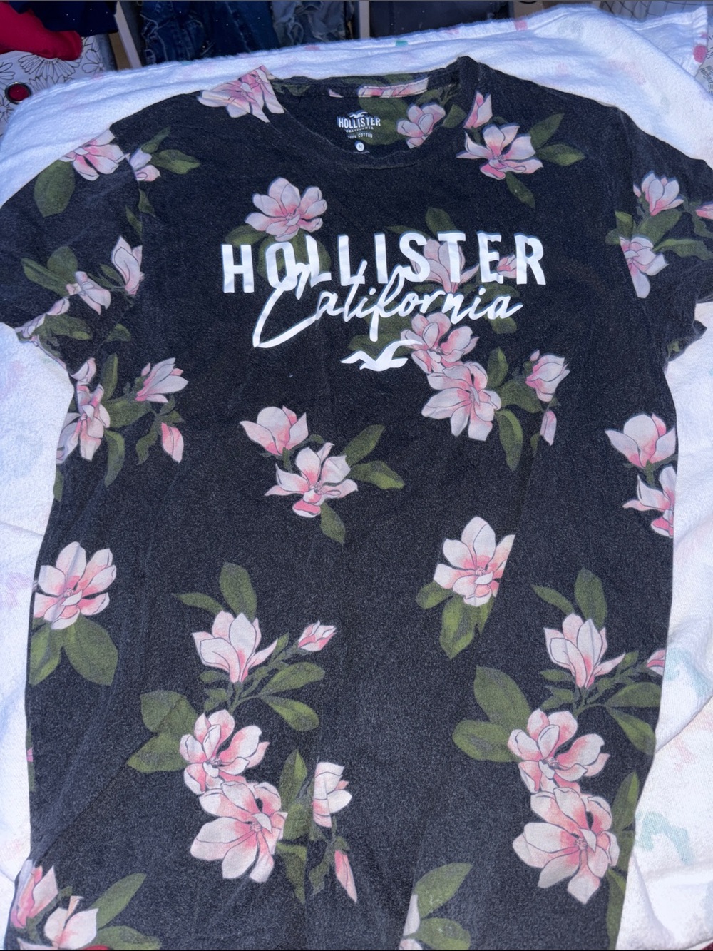 Hollister Black Floral California Logo Tee with Pink Blooms